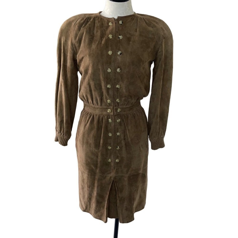 Valentino Vintage 80s Womens Dress Size Small Brown Suede Leather Made In Italy